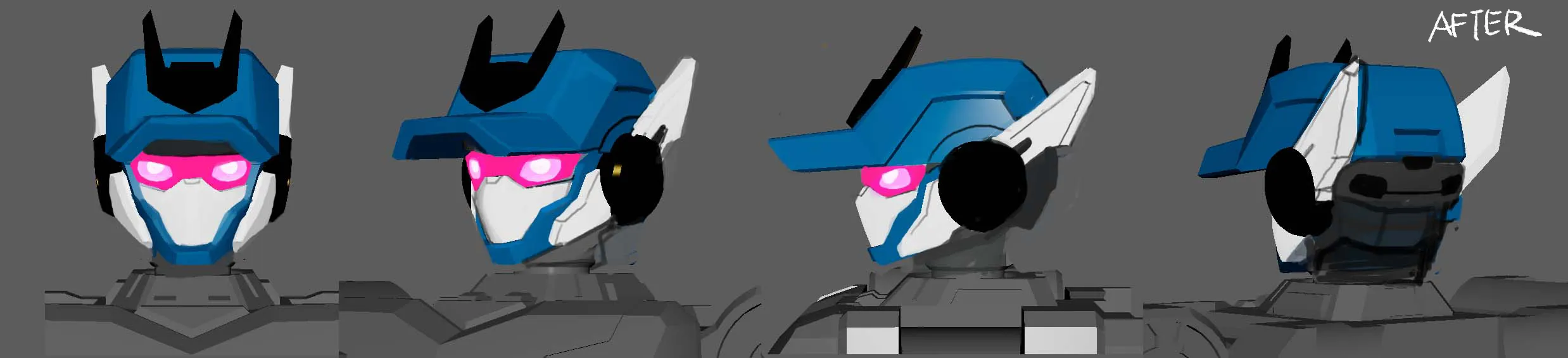 A model view of Blue Cop's head is shown with the eyes drawn in with a pen tool. The word "AFTER" is in the top right.
