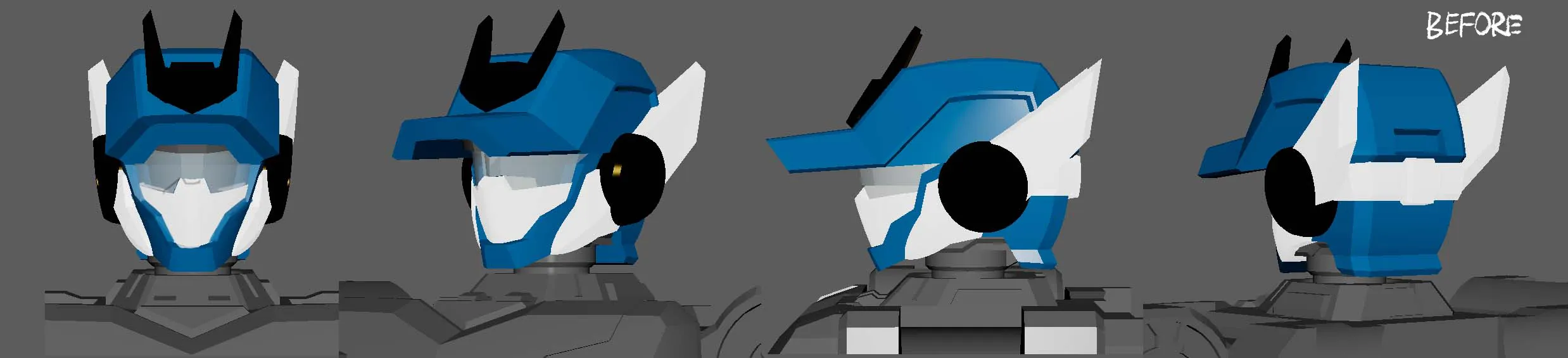 A model view of Blue Cop's head is shown with the word "BEFORE" in the top right.